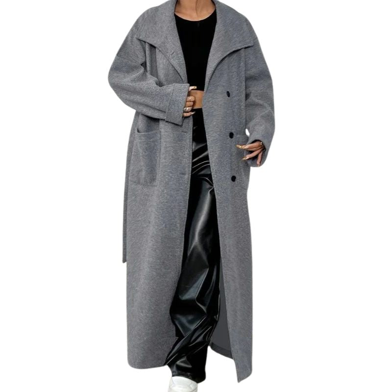 Tie Waist Double-Breasted Long Coat