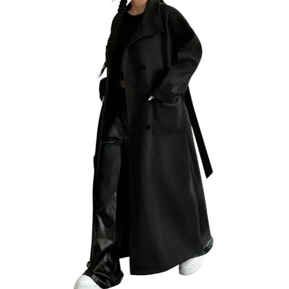 Tie Waist Double-Breasted Long Coat