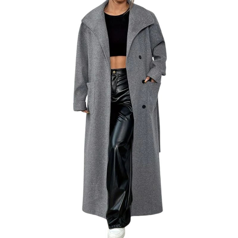 Tie Waist Double-Breasted Long Coat