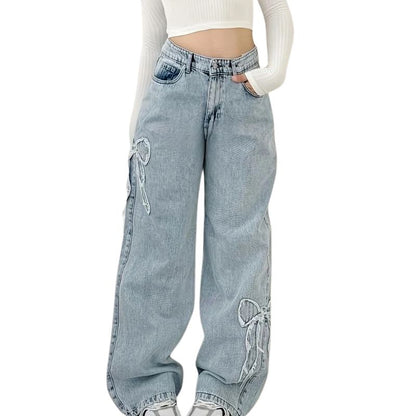 Bowknot Embroidered Baggy Jeans