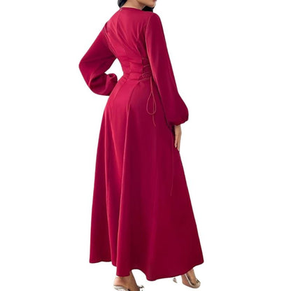 Drawstring Waist Long Sleeve Maxi Dress