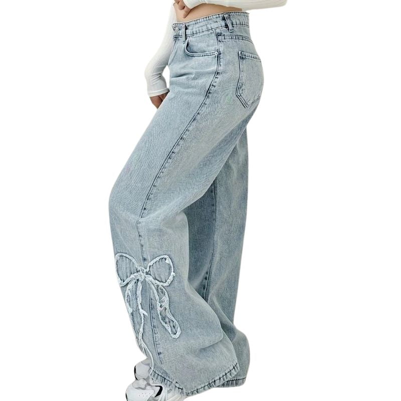 Bowknot Embroidered Baggy Jeans