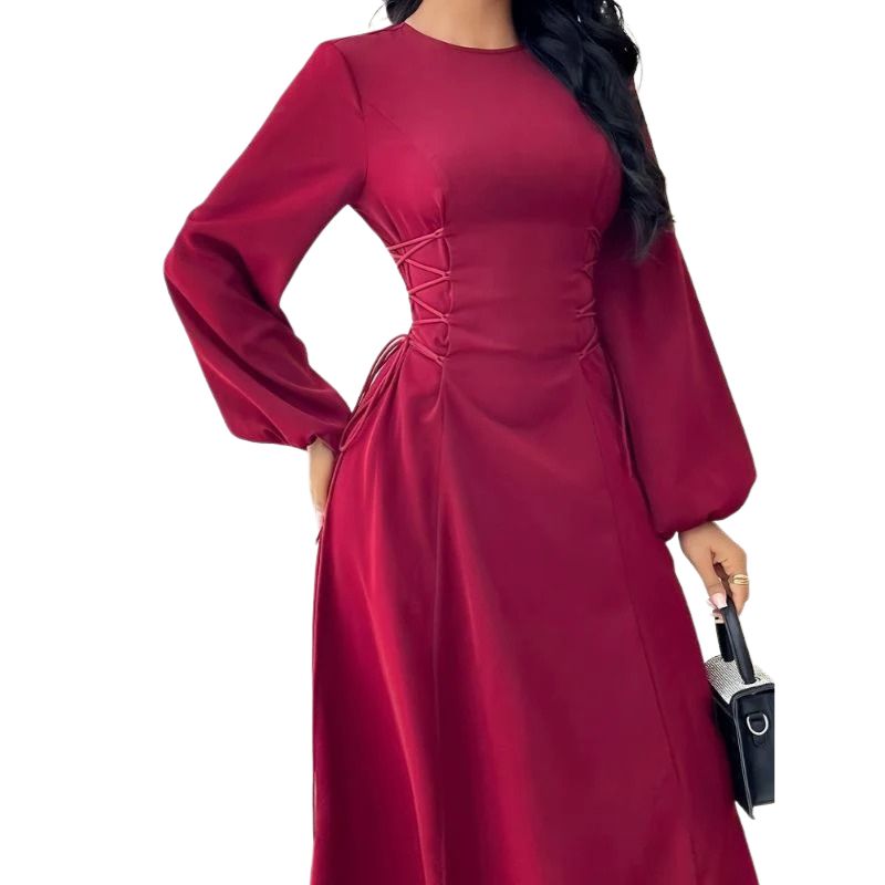 Drawstring Waist Long Sleeve Maxi Dress