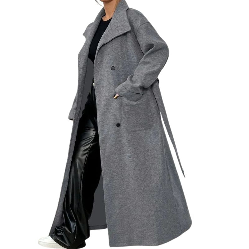 Tie Waist Double-Breasted Long Coat