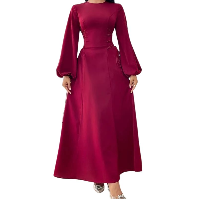 Drawstring Waist Long Sleeve Maxi Dress